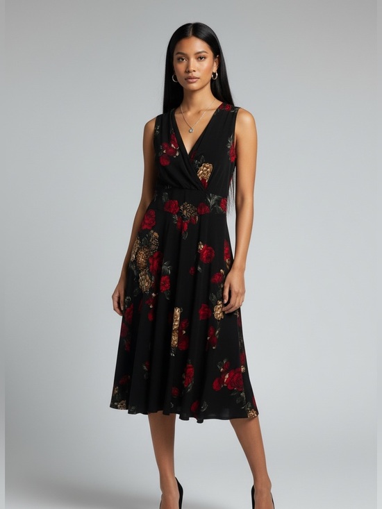 Dresses & Skirts - Black Floral Midi Dress with Red & Gold Accents